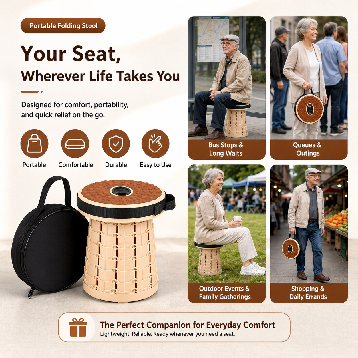 SeatGo Foldable Portable Stool + Cover & Strap included